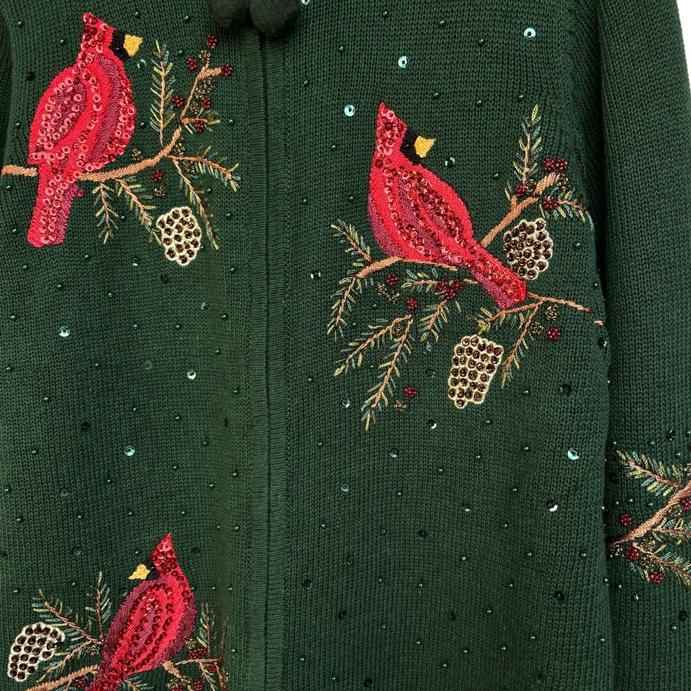 VTG Cardinal Winter Holiday Christmas Sweater Zip-up Cardigan Beaded Sequins Med - Picture 8 of 14